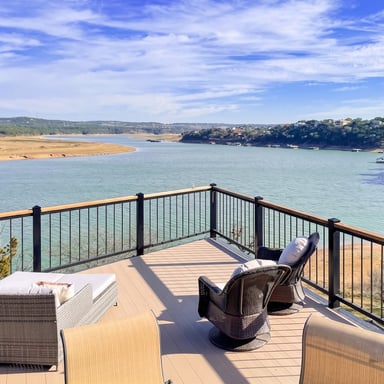 Waterfront deck and boats on a Hill Country lake